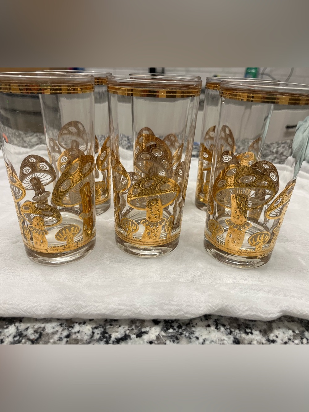 Culver MCM Gold Applied Mushroom Highball Glasses. Set of 6. Signed